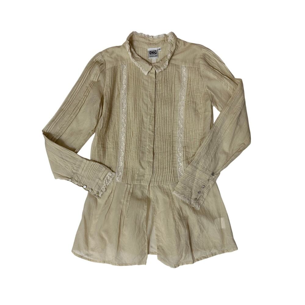 Johnny Was Tunic Vintage Cream Cotton Button Front Lace Trim